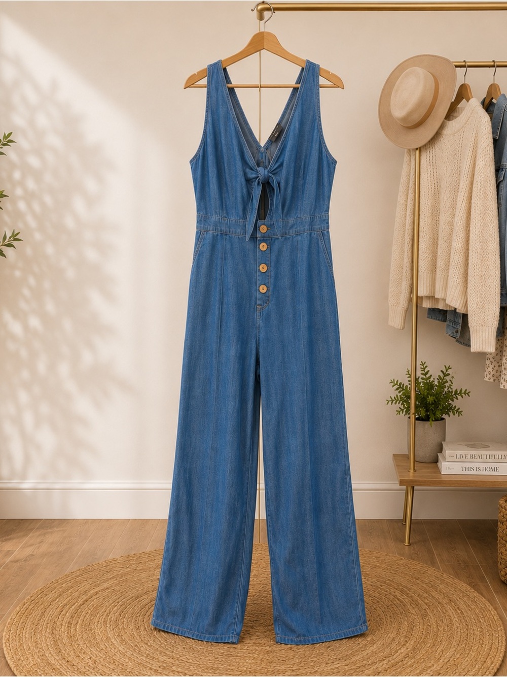 Blue Denim Button-Front Jumpsuit